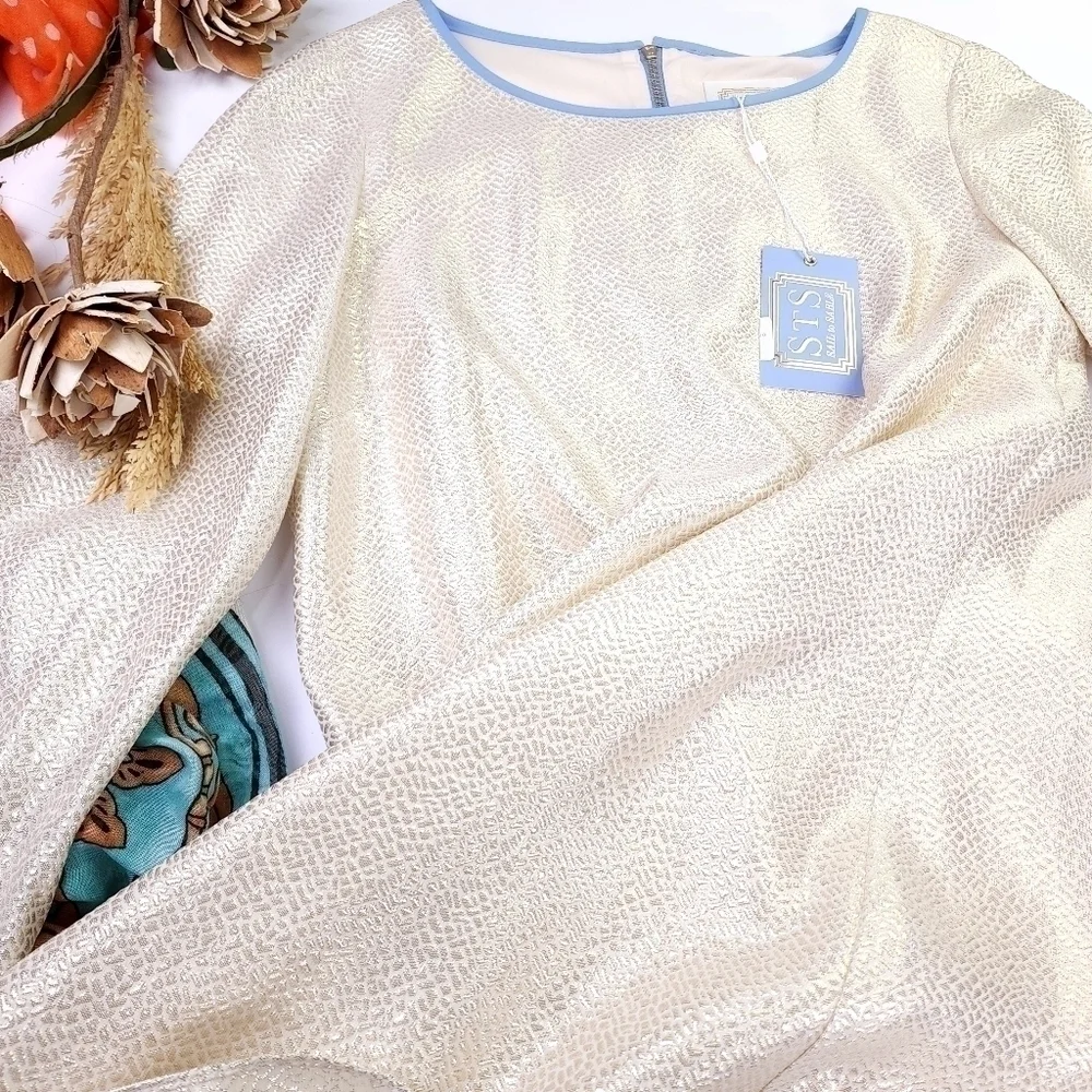 New Sail to Sable Silk Metallic Gold Blue Detailing Dress Sz 4 - Picture 11 of 14